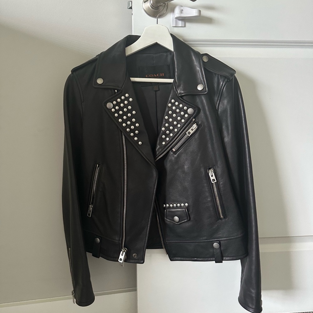 Coach Black Leather Jacket with Silver Studs sz 8